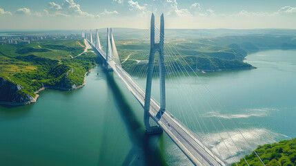 1 slim round tower cable-stayed bridge for Automobiles, Aerial view. Generative AI. - obrazy, fototapety, plakaty