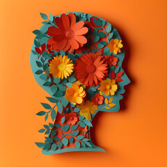Paper cut human head with flowers on an orange background, a minimal concept for World Mental Health Day.