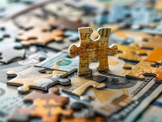 A single puzzle piece stands upright on a surface of scattered U.S. dollar bills, symbolizing financial solutions or economic challenges. - Powered by Adobe