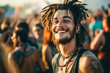 A jubilant young man with dreadlocks enjoying an outdoor music festival, surrounded by a crowd of...