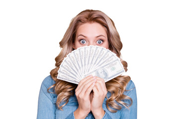 Close-up portrait of her she nice cute charming mysterious wavy-haired lady wearing blue shirt...