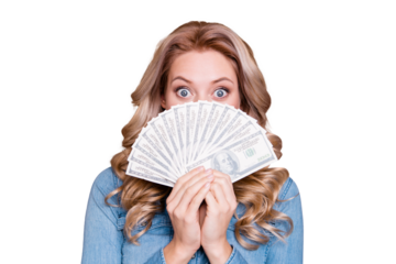 Close-up portrait of her she nice cute charming mysterious wavy-haired lady wearing blue shirt hiding behind large sum spend expense income rich wealthy isolated over gray background