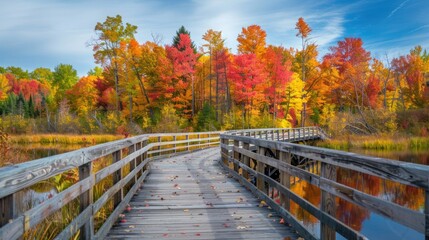 Fototapeta na wymiar Late Autumn: Brilliant Colors of Fall Along Boardwalk Bridge