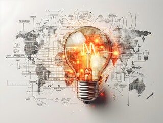 A glowing light bulb superimposed on a world map with schematic and analytical graphics, symbolizing global innovation and business ideas.