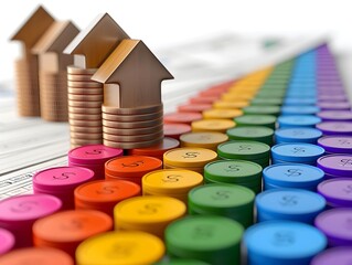 Close-up of ascending coin stacks in the shape of houses with colorful graphs, illustrating real estate investment growth and market trends analysis.