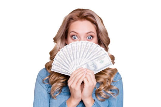 Close-up portrait of her she nice cute charming mysterious wavy-haired lady wearing blue shirt hiding behind large sum spend expense income rich wealthy isolated over gray background