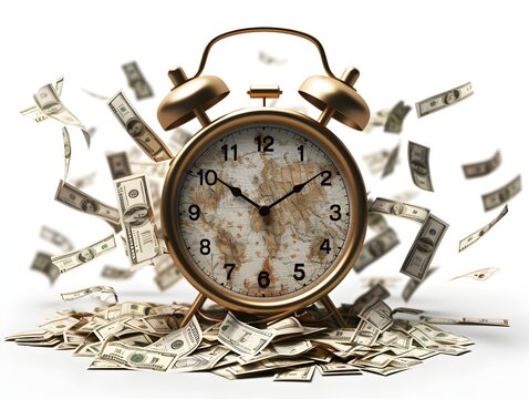 A compelling visual metaphor of an alarm clock with dollar bills flying around, depicting the classic idiom "time is money."