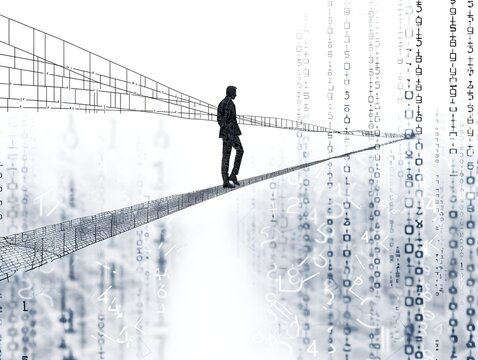 Conceptual image of a lone figure crossing a data bridge, symbolizing the journey through digital information and the intersection of technology and humanity.