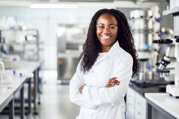 A cheerful female scientist with arms crossed standing in a research labora - Powered by Adobe