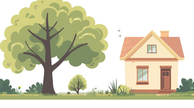 Background with a tree and a house flat vector 