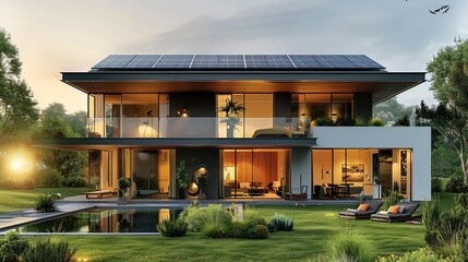 Modern house with solar panels on the roof overlooking lawns and a swimming pool at the front. Generative AI.