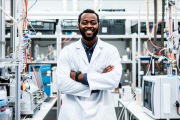 A smiling male African American scientist in a white lab coat stands confidently in a high-tech laboratory
