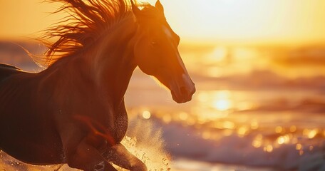 Horse galloping, beach sunset, close-up, wild freedom, dynamic, golden light, detailed mane.  - obrazy, fototapety, plakaty