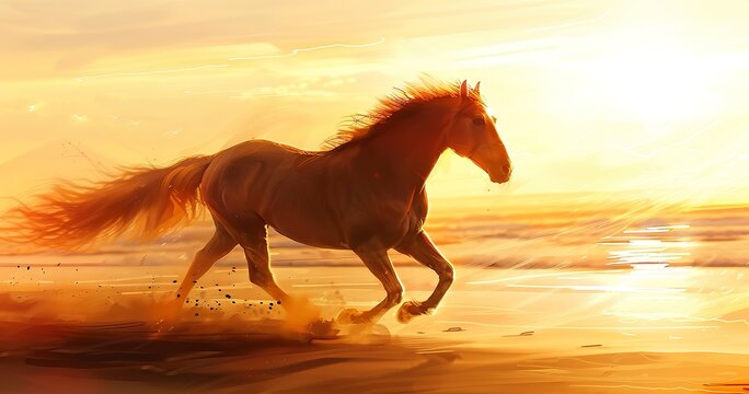 Horse galloping, beach sunset, close-up, wild freedom, dynamic, golden light, detailed mane. 