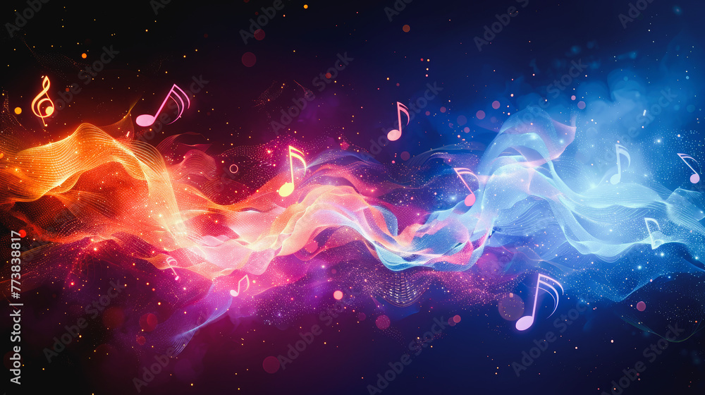 Poster abstract digital artwork featuring colorful waves and music notes symbolizing rhythm and sound float