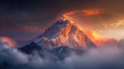 Mystic Mount Everest: Dramatic Sunset View of the Himalayas with Foggy Mist and Beautiful Lighting
