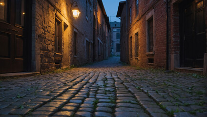 Street-Level View of Abandoned Vintage Cobblestone Alley in Historic Town at Dusk.