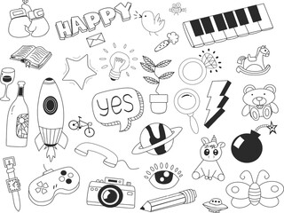 A whimsical doodle background featuring random objects, adding a playful touch to designs. Vector illustration perfect for creative projects.