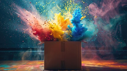 Out of the Box Explosive Package Surprise Idea with Colorful Splatter Ink. Creative Concept of Delivering Excitement and Reward in a Coloured 16:9 Winner Opening
