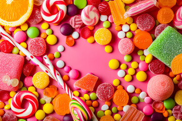 Fototapeta na wymiar Vivid image showcasing a variety of colorful candies and sweets scattered on a pink backdrop, perfect for a sweet or festive concept