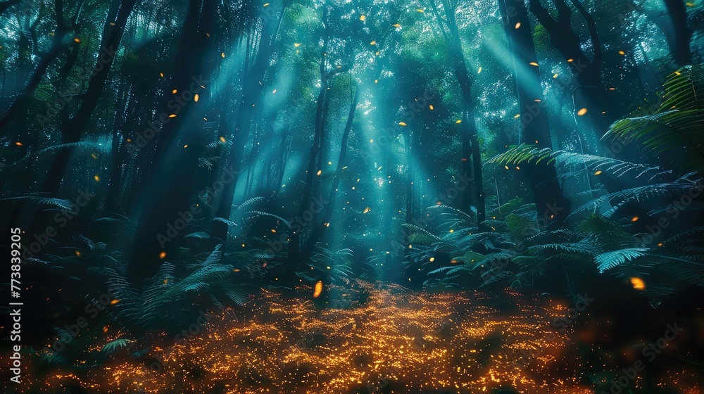 Poster walk through a dark mysterious jungle. generative ai.