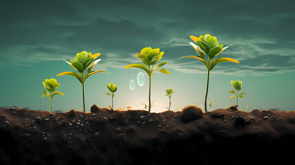 Seedlings growing on soil - obrazy, fototapety, plakaty