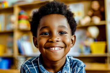 Close-up of a joyful African American boy with a bright smile in a classroom - obrazy, fototapety, plakaty