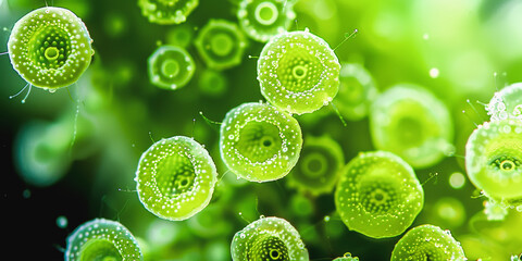 Close-up of green, circular microorganisms under the microscope with a blurred background, possibly depicting bacteria, algae, or cells in a petri dish.
