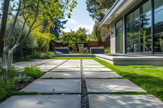 Staggered Concrete Pavers in Front of Home. Perfect Slab Paver for House and Neighbourhood Pavement amidst Green Grass