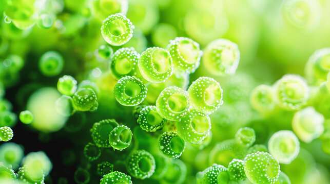 Close-up of vibrant green photosynthetic cells from a plant, possibly microalgae, with visible chloroplasts and circular patterns.