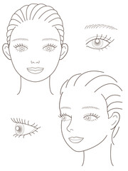スキンケア・メイクアップ解説に使えるイラスト(女性顔正面、斜め)モノクロ