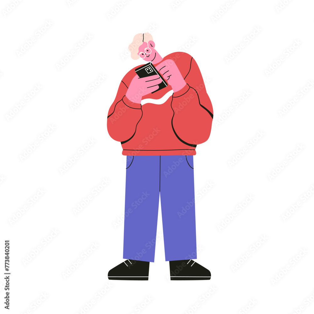 Poster using mobile phone. young man character standing, looking at smartphone, texting message, scrolling 