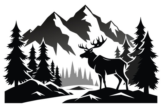 Moose in mountains black and white vector illustration, Silhouette of a moose on flat background
