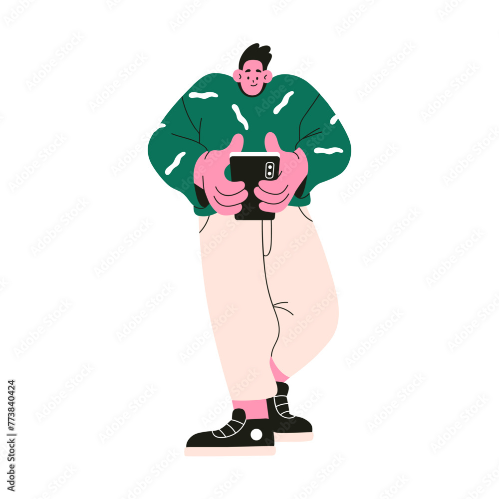 Poster Man, smartphone user texting message on mobile phone. Character standing, holding cellphone, cell device in hand, chatting online in internet. Flat vector illustration isolated on white background