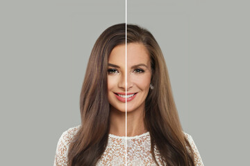 Cosmetology, aging, plastic surgery before and after concept. Two women. Young and senior woman...