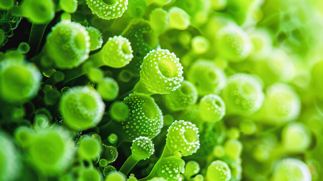 Close-up of vibrant green plant cells or algae with visible chloroplasts and intricate detail, illustrating photosynthesis in nature.