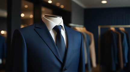 dark blue suit on a mannequin in a luxury store, banner.generative.ai