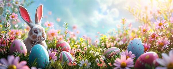Easter bunny ears with easter eggs on meadow with flowers background banner.art illustration