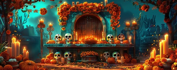 Day of the Dead in Mexico: vibrant altars adorned with marigolds and sugar skulls honor deceased loved ones in a festive display of culture and tradition. Art illustration.
