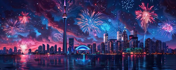 Fireworks on day of Canada.art illustration - obrazy, fototapety, plakaty