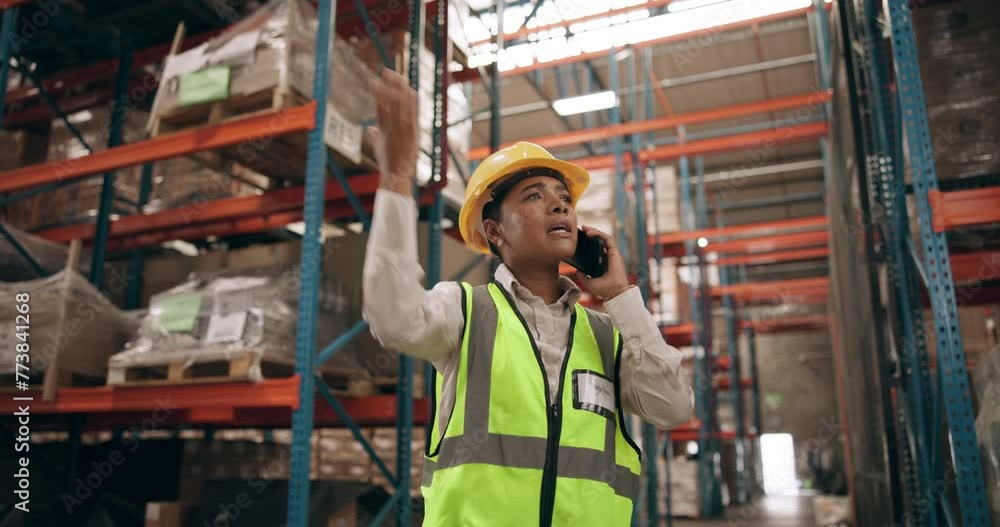 Aufkleber industrial, factory and woman with phone call issue and angry from logistics shipping error. distrib