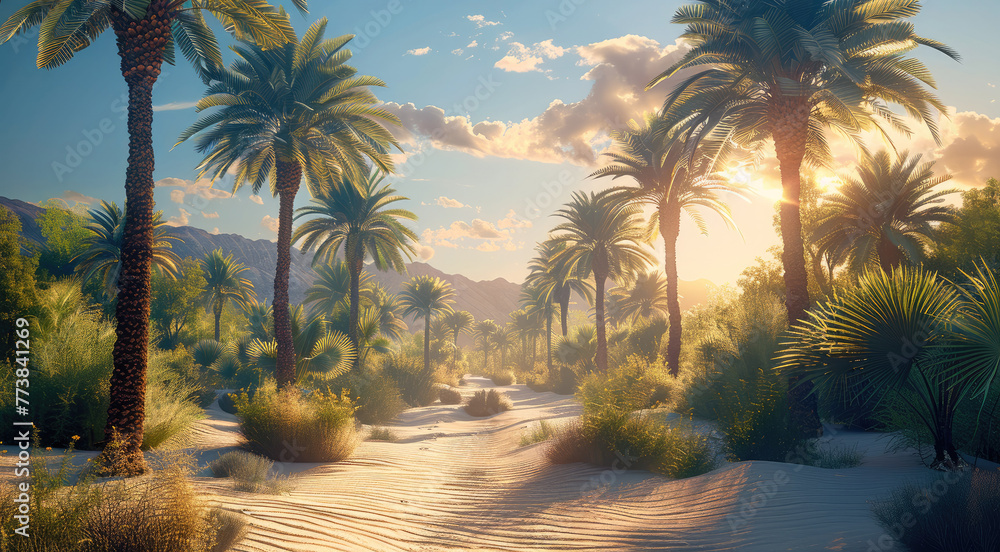 Poster a desert oasis with palm trees and a clearing in the middle, morning light. generative ai.