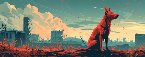 A homeless red dog against the backdrop of a ruined city after an earthquake. vector simple illustration