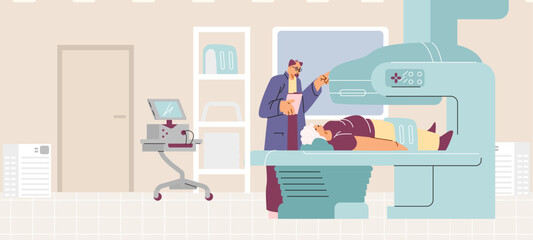 MRI procedure in hospital in detailed vector image.