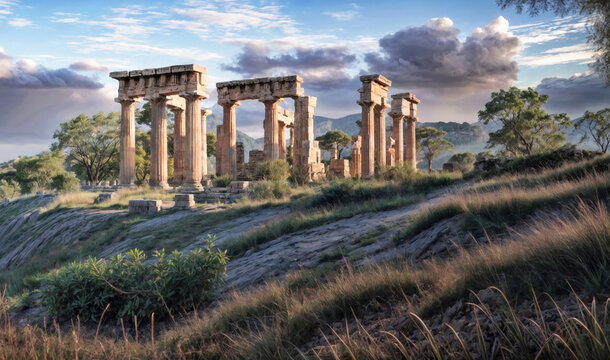 Oil painting of ancient ruins in Greece surrounded by nature.
