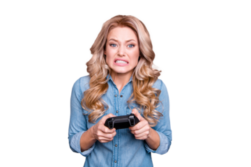 Close-up portrait of her she nice charming attractive worried sad nervous wavy-haired lady wearing blue shirt fan playing game trouble problem loser isolated over gray background