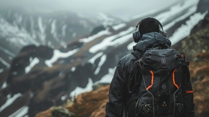 Man With Backpack and Headphones on Mountain