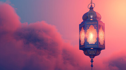 Fototapeta na wymiar Elegant 3D Ramadan Lantern with Clouds in Dark Purple and Blue Tones on a Pink Background