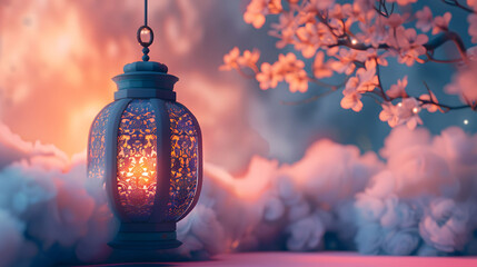 Elegant 3D Ramadan Lantern with Clouds in Dark Purple and Blue Tones on a Pink Background