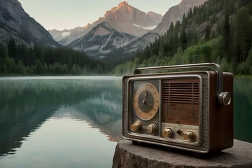 Fotobehang A vintage radio beside a tranquil lake © AungThurein